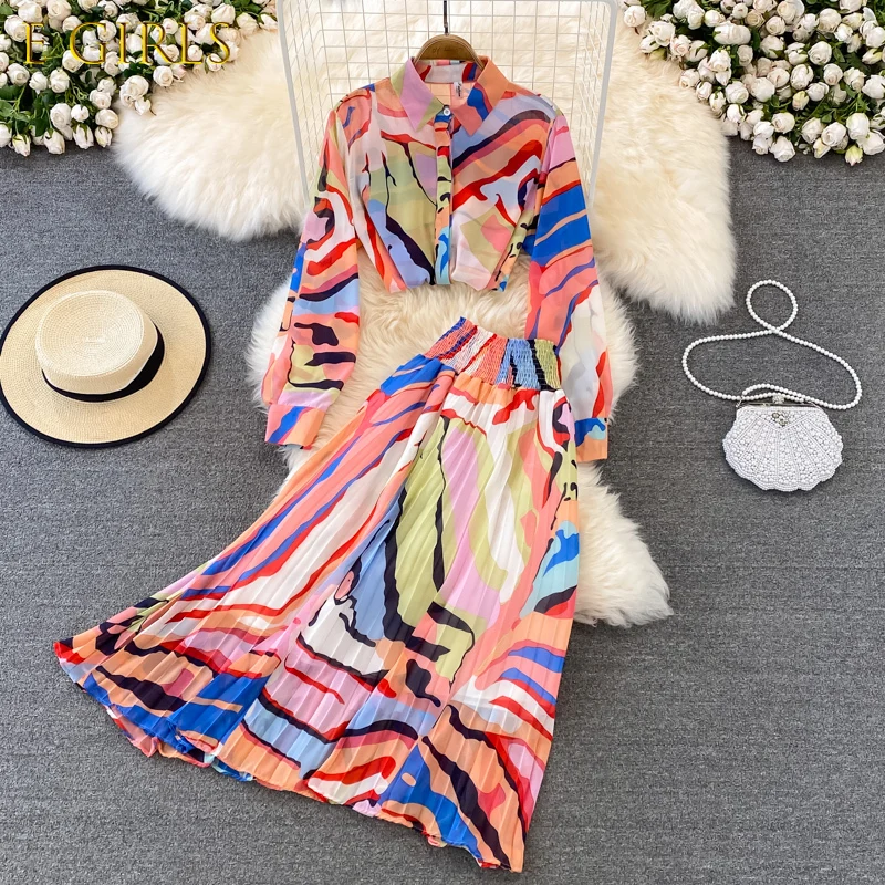 

E GIRLS Casual Women Printed Two Piece Set Female Turn-Down Collar Single Breasted Blouse + High Waist Pleated Skirt Suit