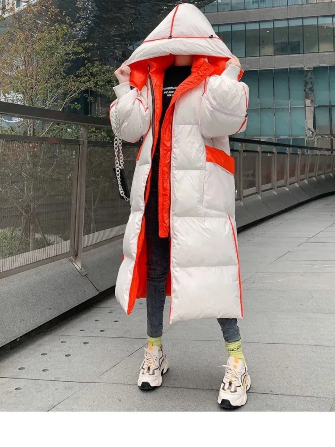 Winter Korean Fashion Detachable Hooded Down Jacket Baggy Coat Mid-Length Overknee Thickened Leisure Warm Glossy Down Coats
