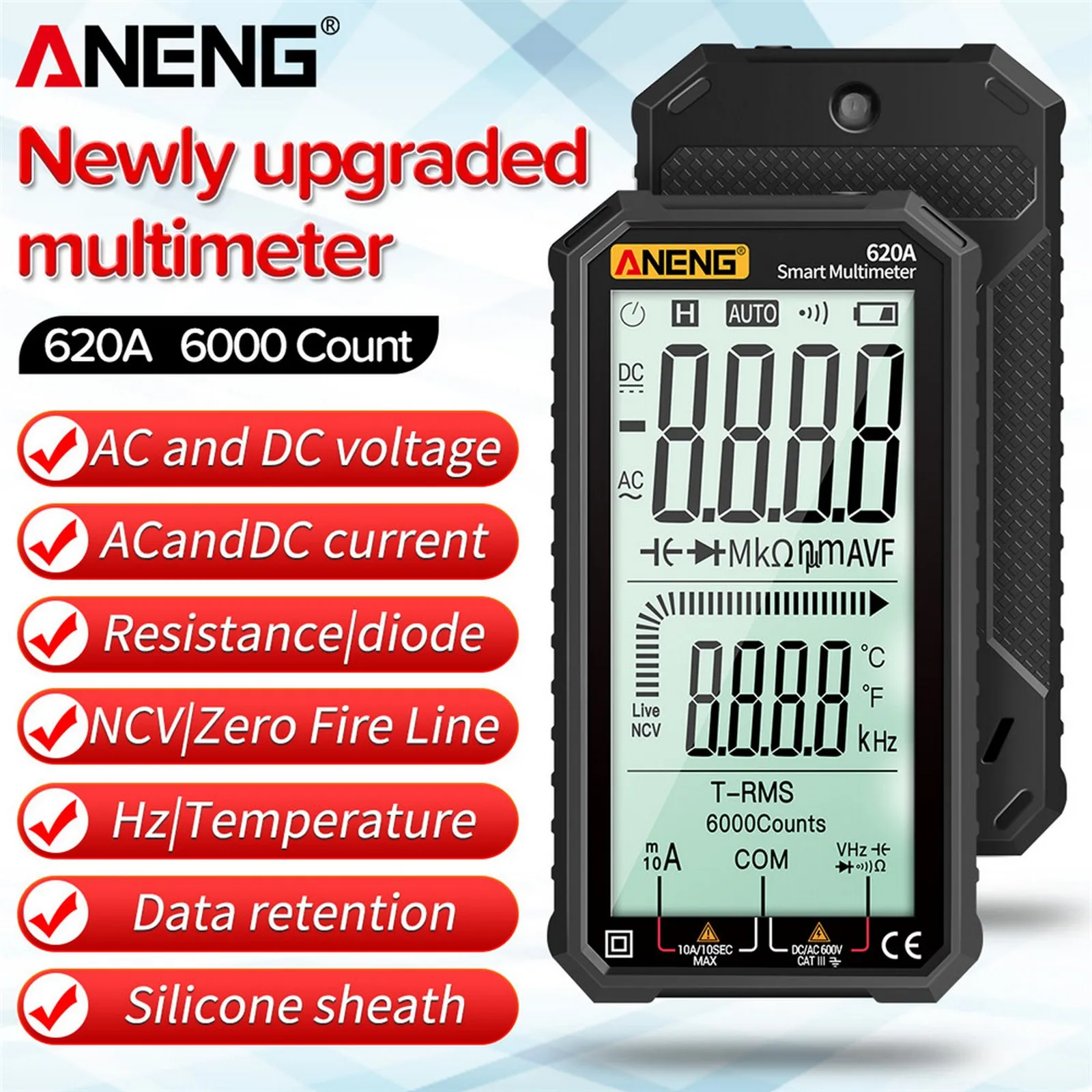 

ANENG Digital Multimeter 620A 4.7-Inch LCD Display AC/DC Ultraportable True-RMS Auto-Ranging Multi Tester NCV Test