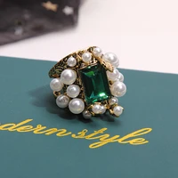 vintage golden emerald green statement crystal pearl rings jewelry for women party gift