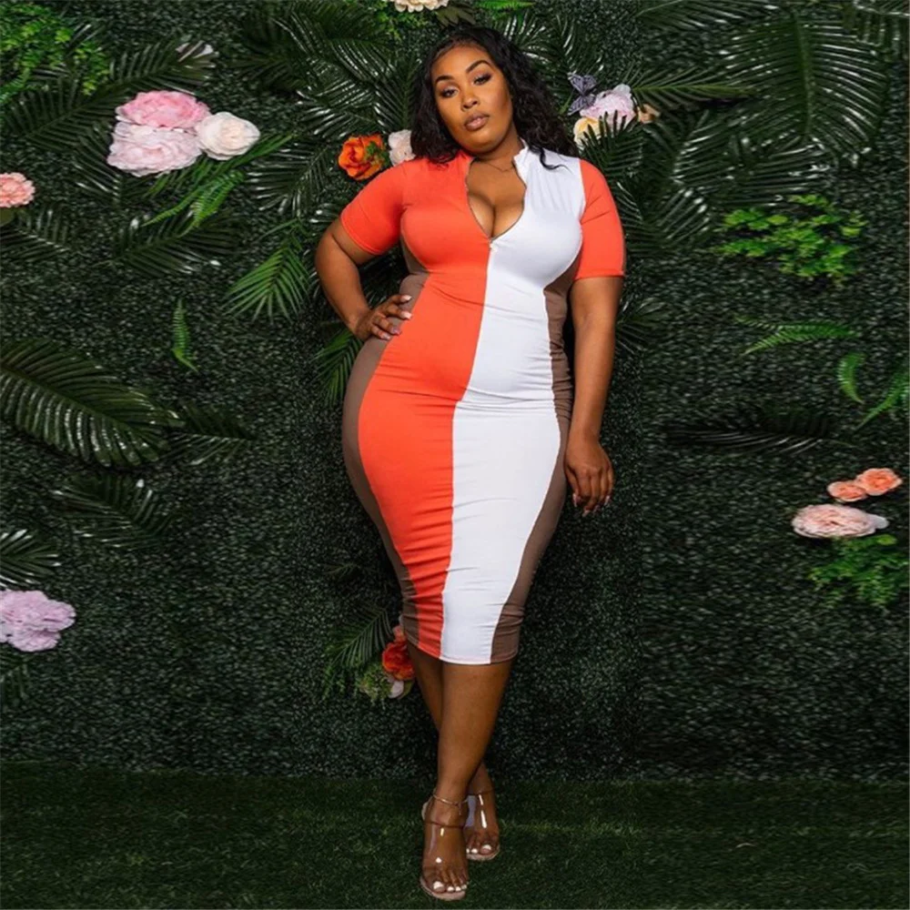 Plus Size Dresses Women Summer 2021 Wholesale Ziper Up Bodycon Stretch Patchwork Maxi Dress Elegant Party Out 3xl 4xl 5xl 6xl