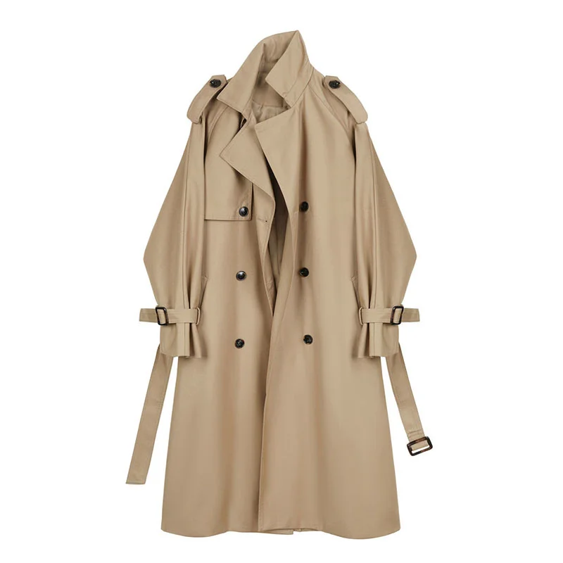 

Korean Casual Double-breasted Women Khaki Trench Coat With Belt Spring Autumn Mid-length Lapel Long Sleeve Windbreaker Outerwear