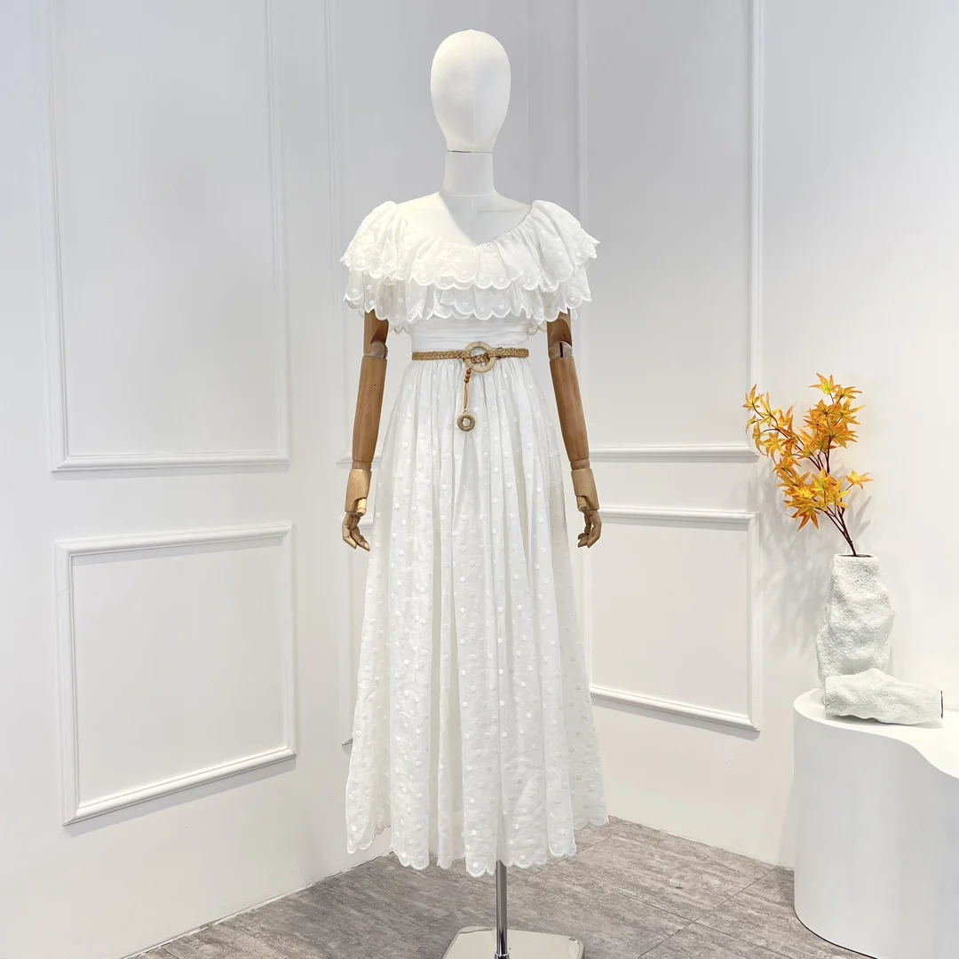 Ruffle Collar Embroidered White Dot Midi Dress with Woven Belt 2023 High Quality Summer Clothing Women