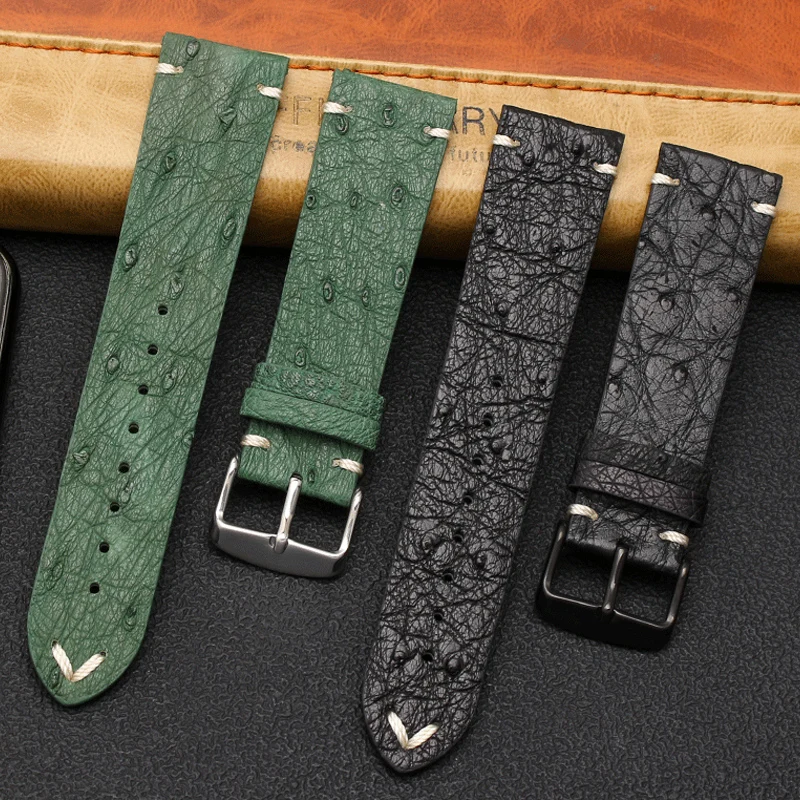 High Quality Ultra-thin soft handmade ostrich leather green general watch strap18 20mm 22mm Orange brown black watch straps Men