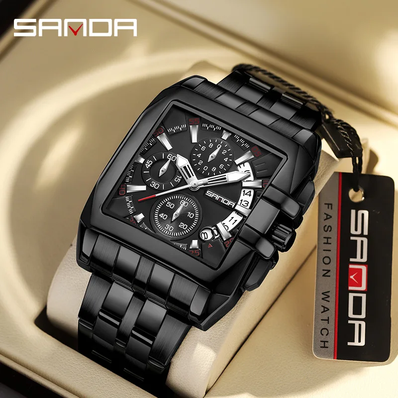 

Sanda 5302 Fashion Rectangle Dial Stainless Steel Strap Japan Quartz Movement Waterproof Business Men Chronograph Wrist Watch