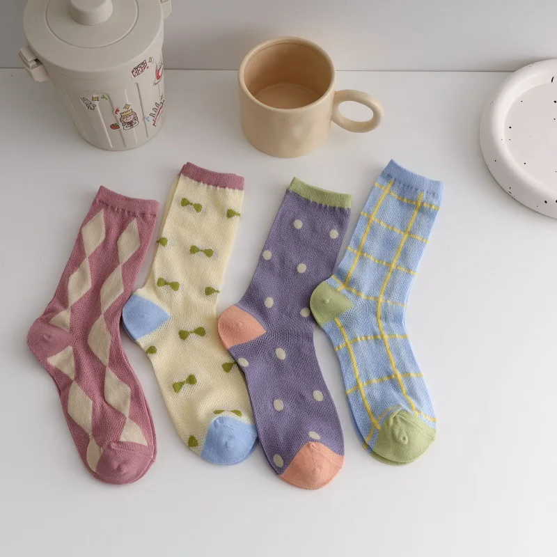 

Spring Summer Women Thin Socks Female Cute Mesh Long Tube Socks Cotton Fashion Girl's Sweet Candy Color Pile Socks