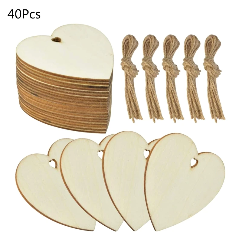 

40Pcs/Set Love Heart Shape Wood Slices DIY Unfinished Pre-drilled Wooden Cutout Label Ornament Hanging Christmas Valentine Decor