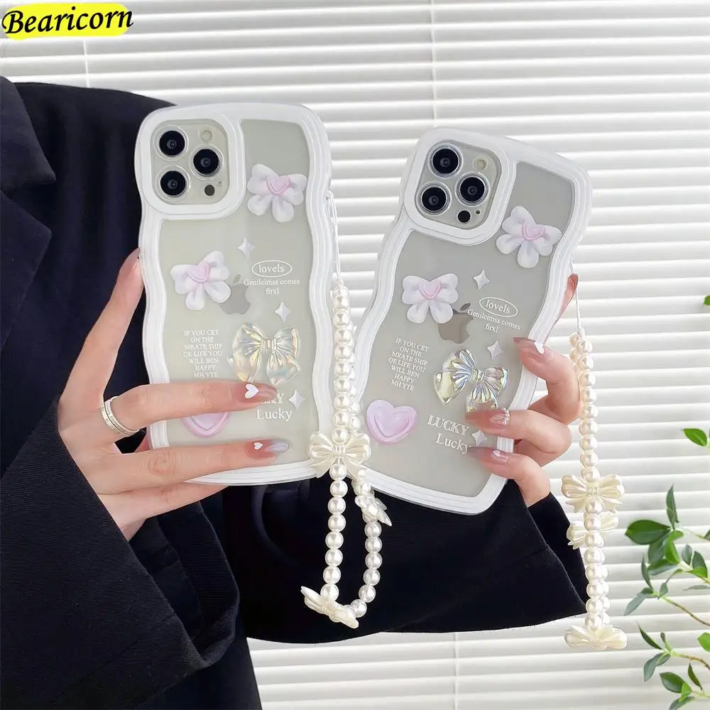 

3D laser bow Wave Phone Case For OPPO A72 A73 A52 5G Find X2 Lite Reno 3 4 5 6 7 8 Pro Pearl bracelet Wrist Strap Soft Cover