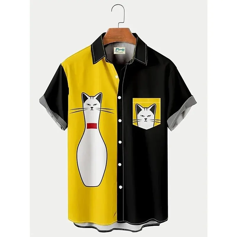 

Funny Kitten Bowling Flame Print Hawaiian Men's Shirt Fashionable Casual Lapel Men's Top Open Buttoned Men's Shirt