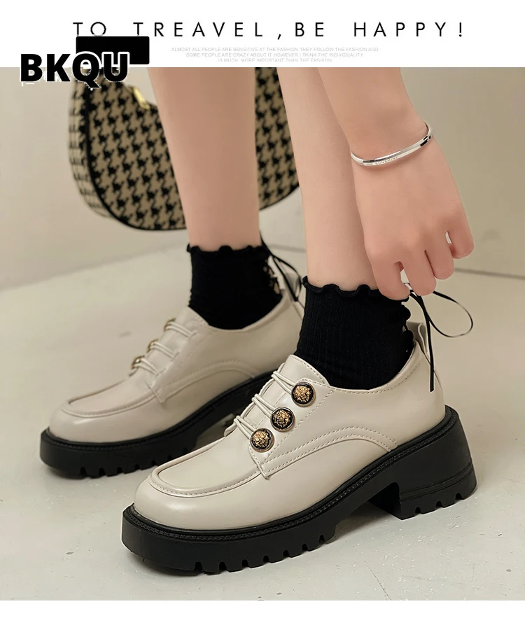 

BKQU 2022 High Heel Leather Pumps Shoes Women Round Toe Lace-up Brogue Shoes Chunky Shoes grow taller womens shoes