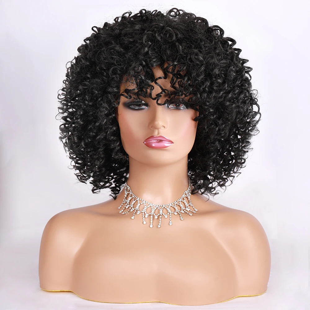 

Afro Curly Wig with Bangs Shoulder Length Wigs Curly Black Wig Afro Kinkys Curly Hair Wigs Synthetic Wig Curly Full Wig for
