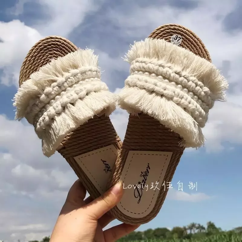 

2022New sandalias shoes nine self-made imitation of the cane craft slippers woven tassel slippers seaside holiday leisure