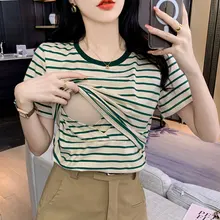 Short Sleeve O-Neck Maternity Cotton Nursing Tees Summer Striped Lactation Tops Postpartum Woman Breastfeeding T-Shirt Wholesale