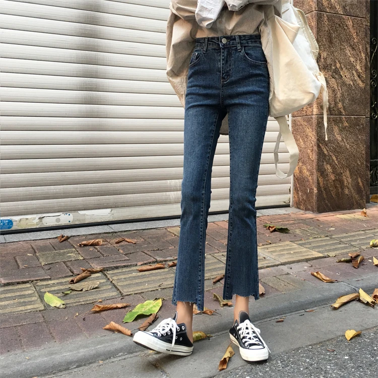 N0343  High-waisted jeans irregular straight-leg slimming cropped jeans women's jeans