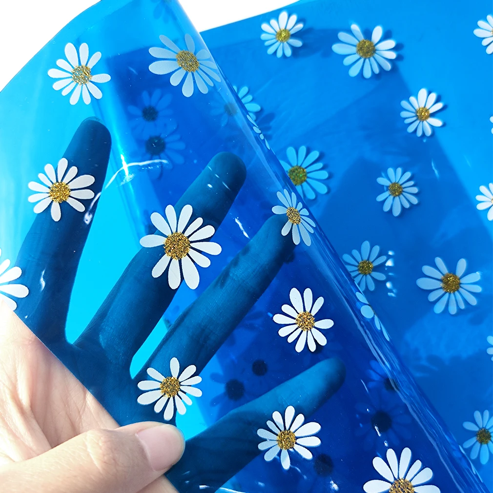 

0.4mm Daisy Faux Leather Sheet Transparent PVC Clear Printed Jelly Vinyl Roll Fabric For Earrings/Handbags/Shoes DIY 46x135cm