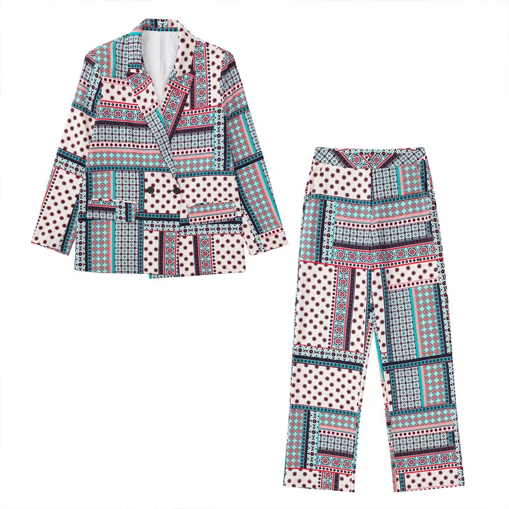 

Female clothing Fashion double breasted patch pocket Blazer printing jacket Vintage Long Sleeve jackets for women 2022