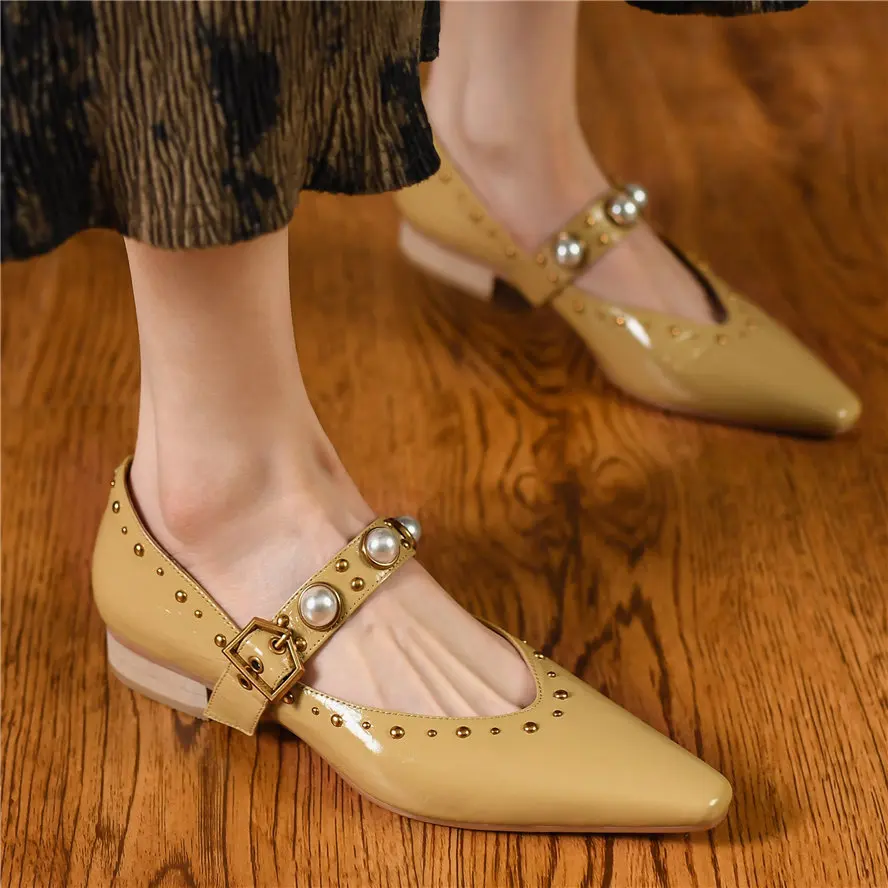 Elegant Soft Loafer Women's Genuine Leather Ballet Flats Rivets Buckle Pearls Oxfords Casual Shallow Ankle Boots Casual Punk
