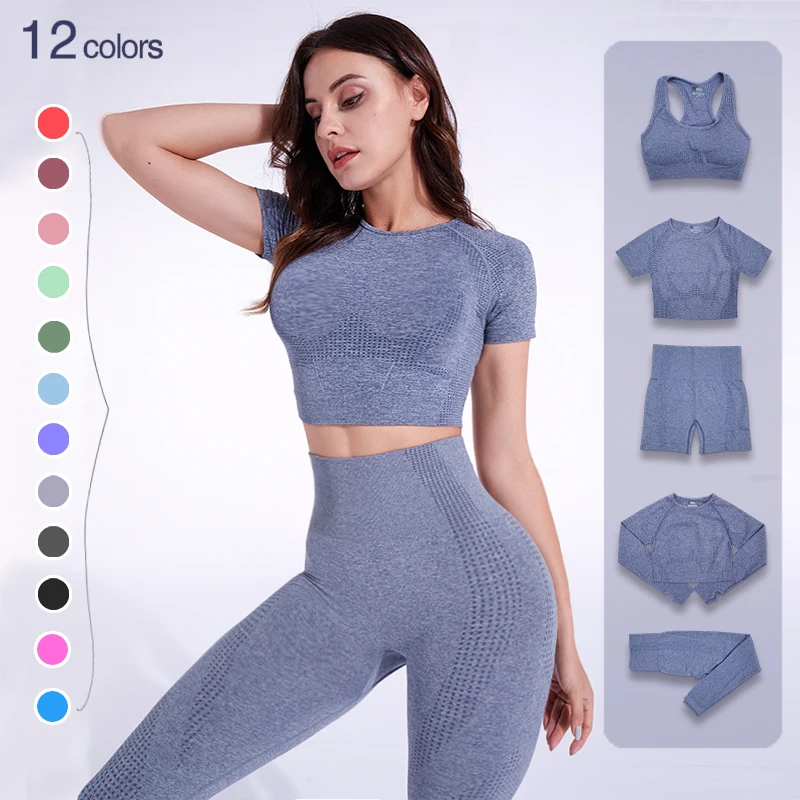 

2/3/5PCS Seamless Women Yoga Set Workout Sportswear Gym Clothing Fitness Long Sleeve Crop Top High Waist Leggings Sports Suits