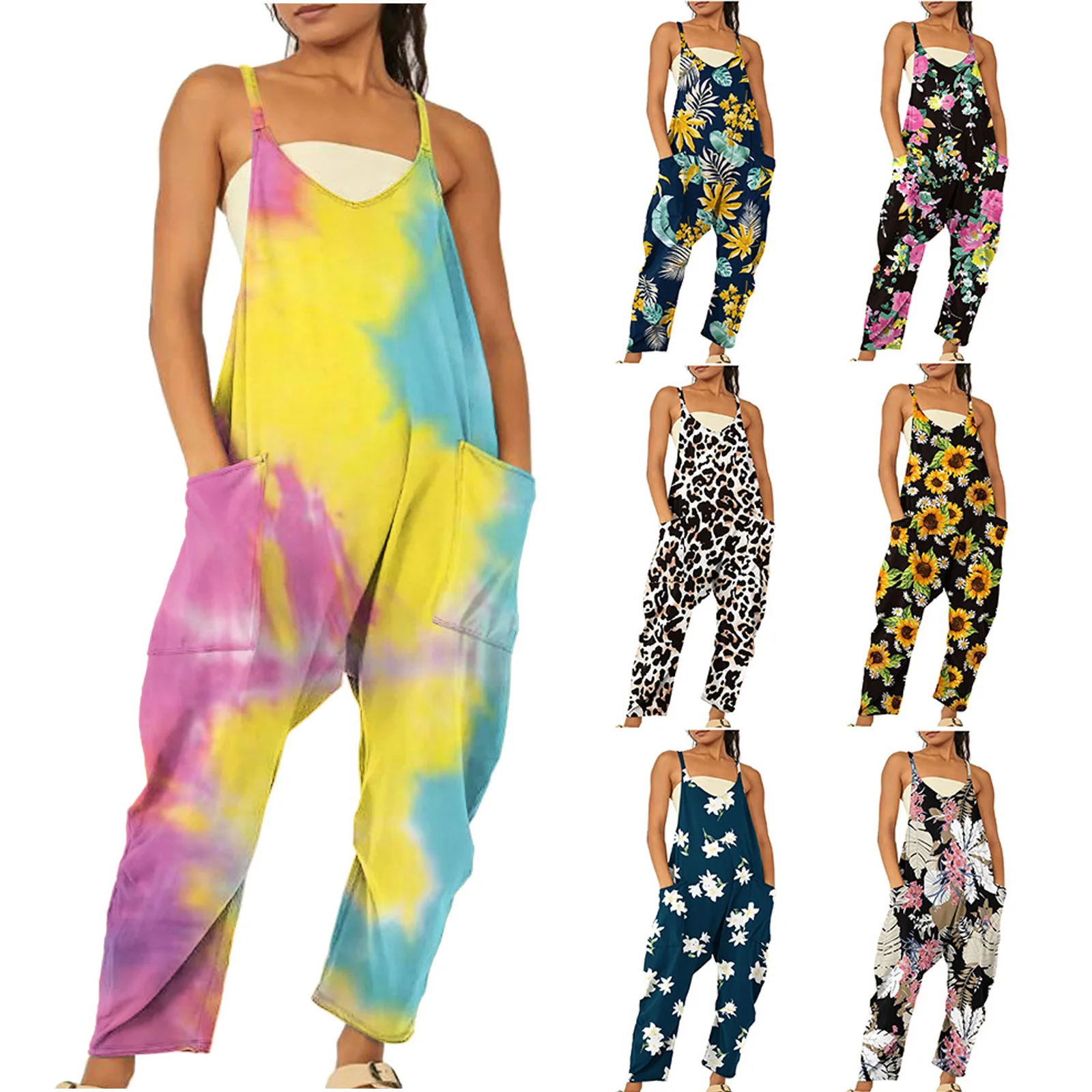 

Женский комбинезон без бретелек, с широкими штанинами и принтом