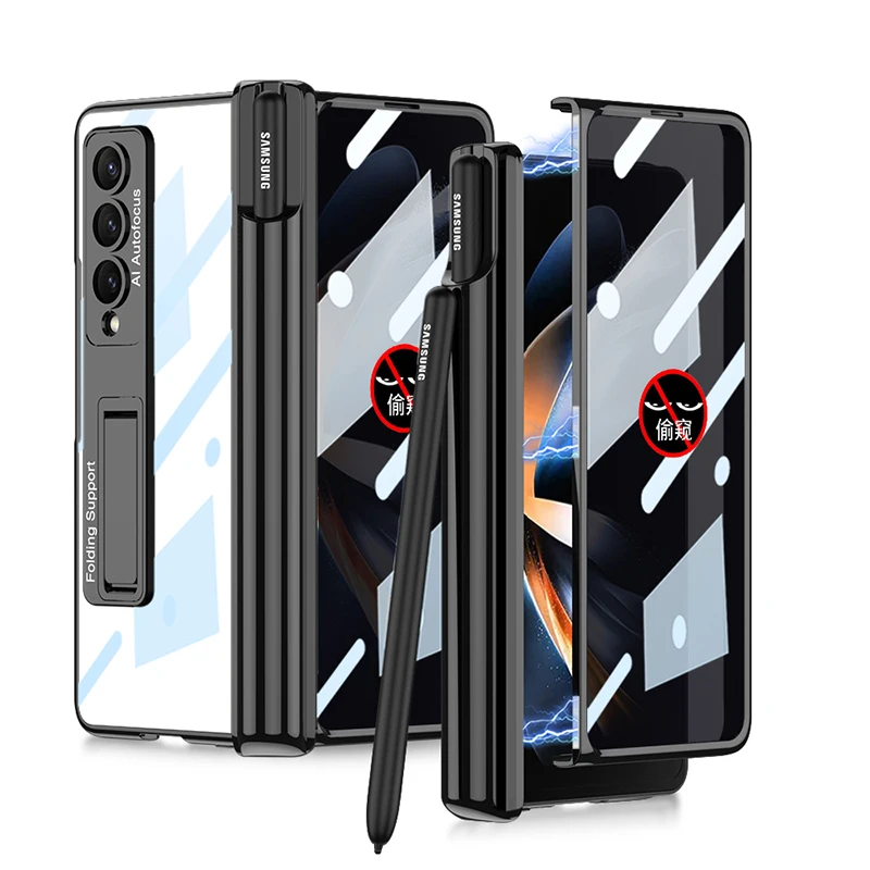

Magnetic Hinge Pen Holder Case For Samsung Galaxy Z Fold 4 Fold4 Transparent Cover with HD Clear or Anti-Spy Privacy Glass Film