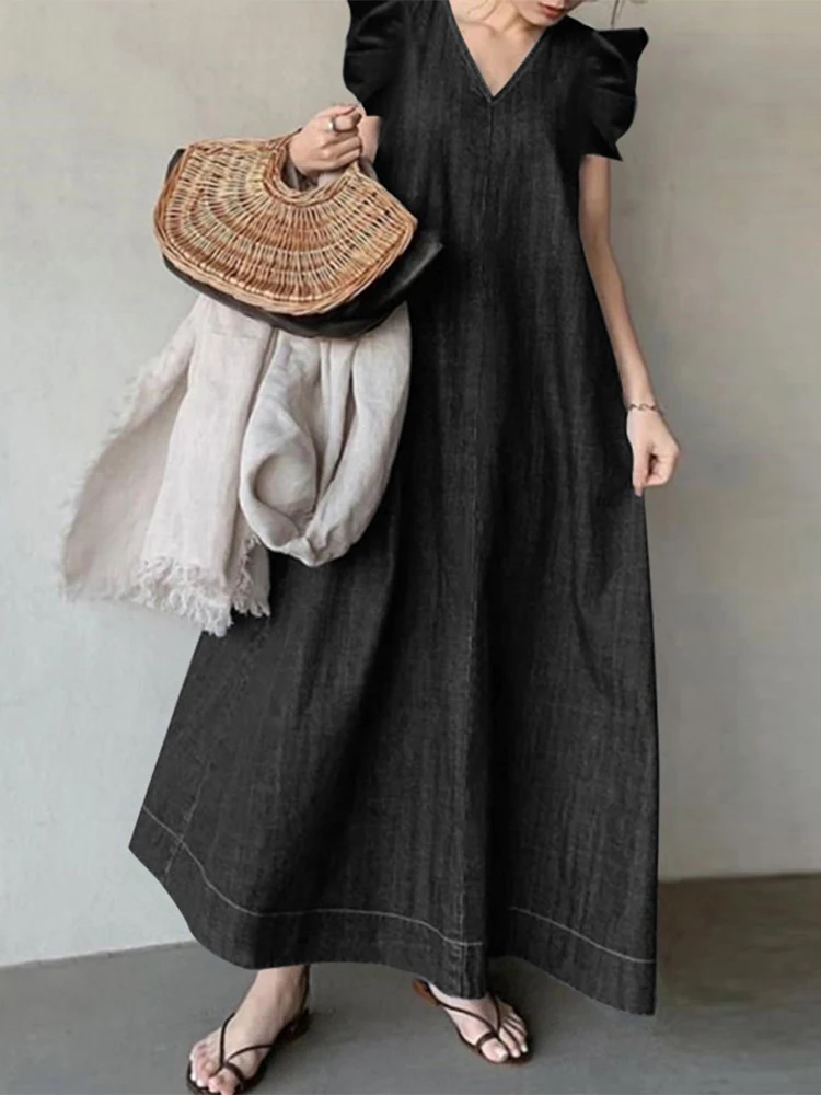 Женское джинсовое платье без рукавов голубое винтажное макси с оборками и