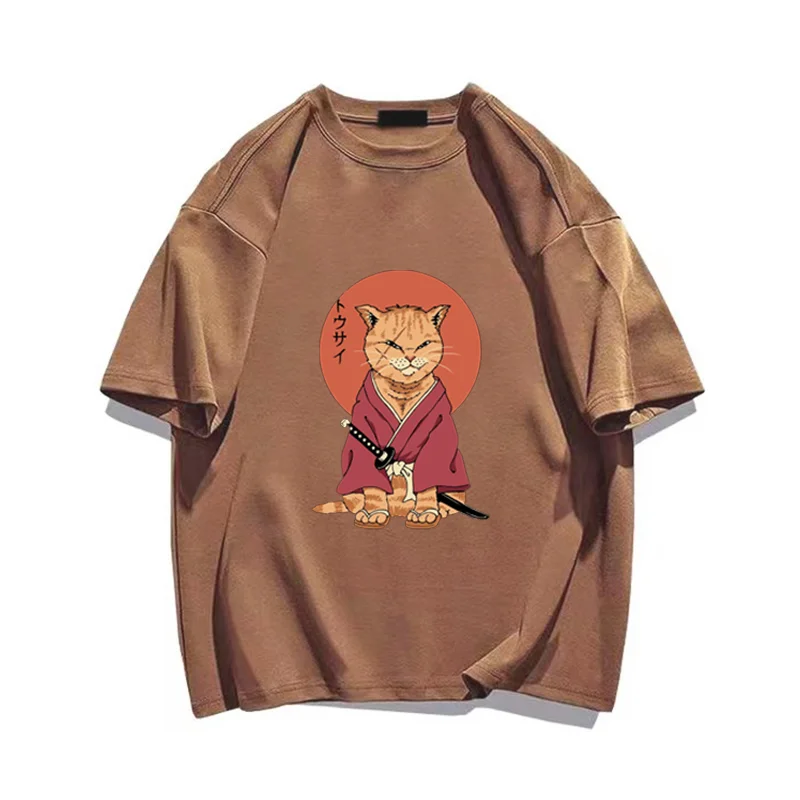 

Summer Japanese Orange Samurai Cat Printing Retro Short Sleeves T-shirts Men's Cotton Clothe Loose Casual Crewneck Harajuku Tops