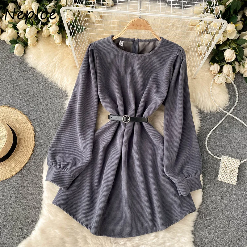 

2022 Solid Color Puff Sleeve Vintage Woman Dresses O-Neck Lace-up Waist Corduroy Dress Women Fall Winter 2022 New A-line Robe