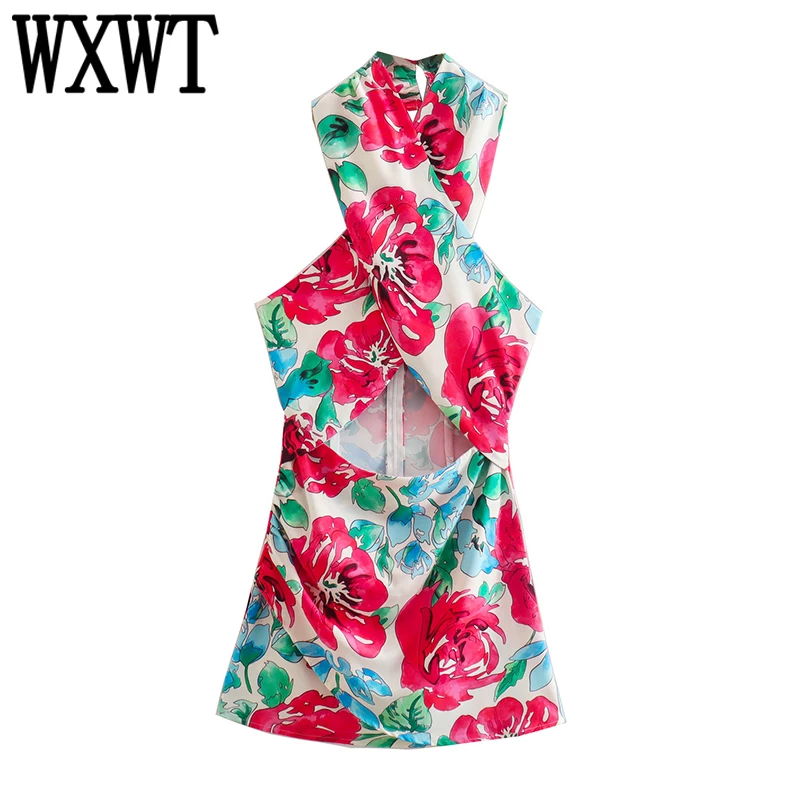 

Мини-платье женское летнее с цветочным принтом и воротником-халтером