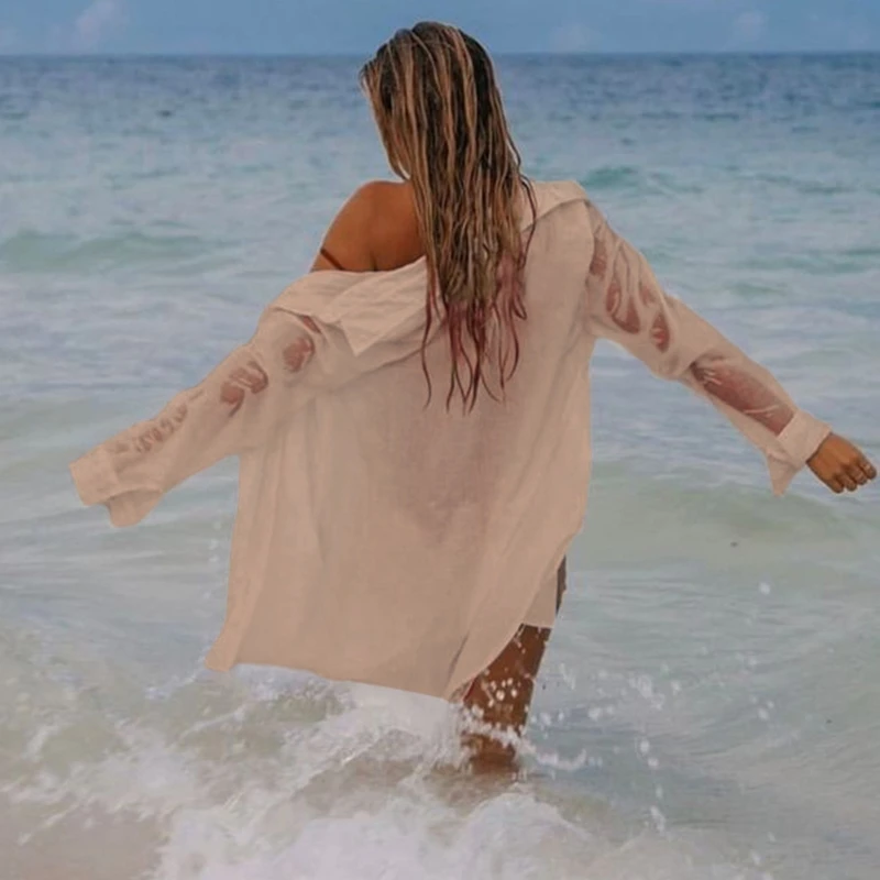 Женская пляжная накидка с длинным рукавом на пуговицах рубашка для сна платье