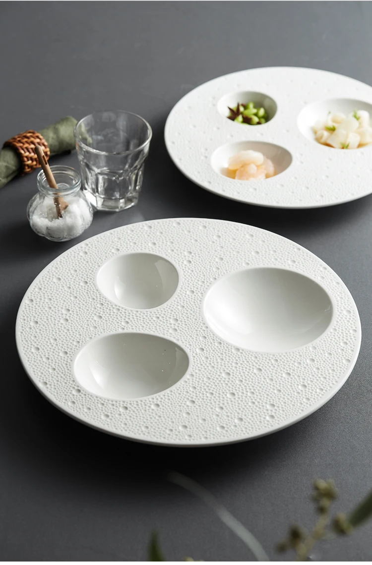 

Round Ceramic Dinner Plates Sashimi Sushi Plate Cooking Dishes Home Kitchen Solid Color Cutlery Three Grid Snack Dessert Dishes