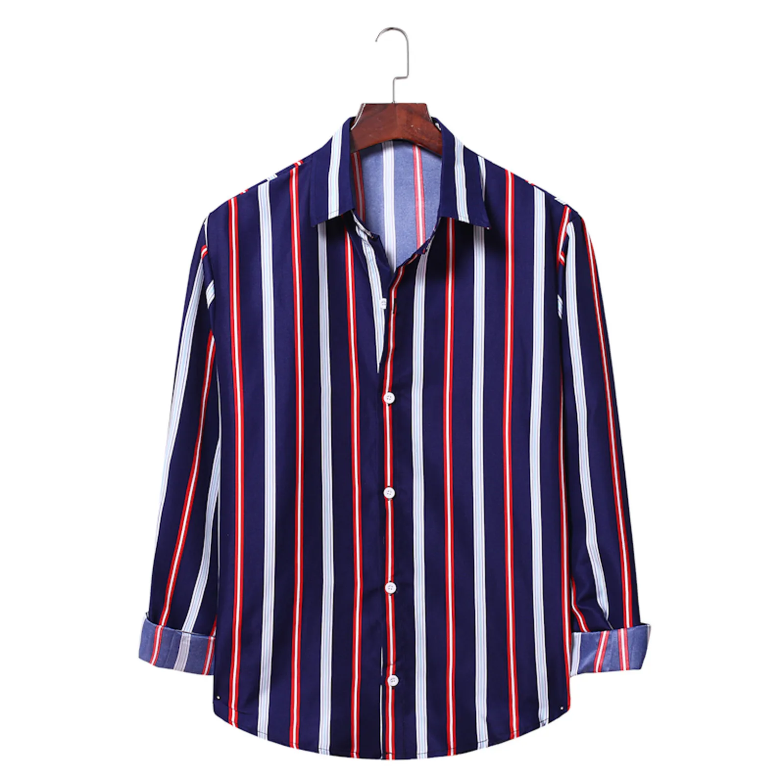 

Contrast Top Long-sleeved Men's Shirt Lapel Casual Striped Blouse Men Shirts Cotton Spandex Tee Men