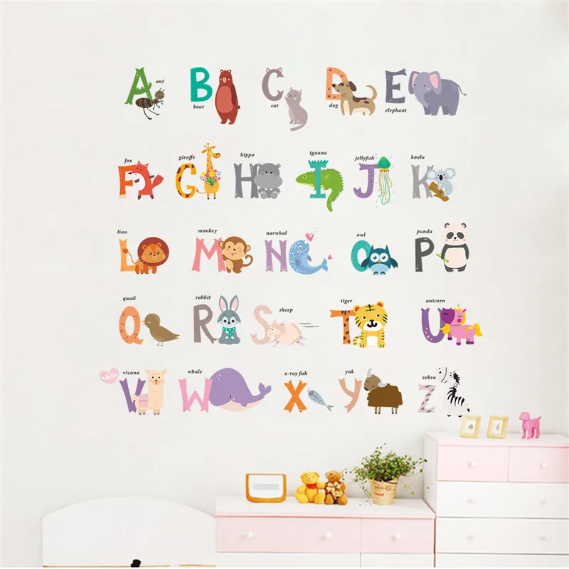 

English Alphabet With Cute Animal Wall Stickers For Kids Room Home Decorations Diy Cartoon Safari Mural Art Nursery Wall Decal