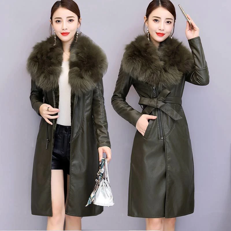 Luxury Faux  Fur Collar Winter Leather Coat Women's Plush Thickened Medium Long Korean Style Imperial Slim Waist Leather Coat