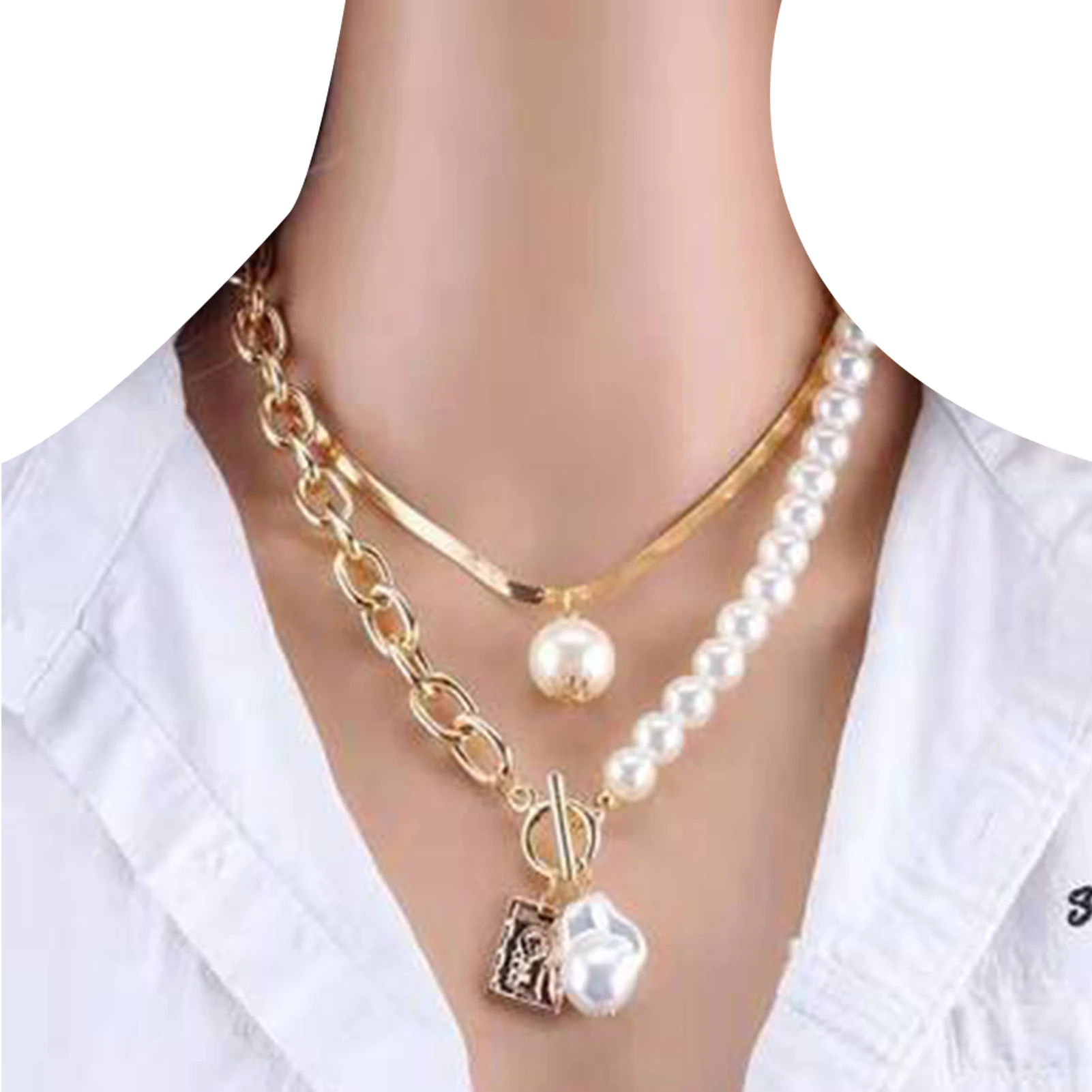 

Pearls Geometric Pendants Jewelry Gifts For Women Double Layer Necklace Stylish