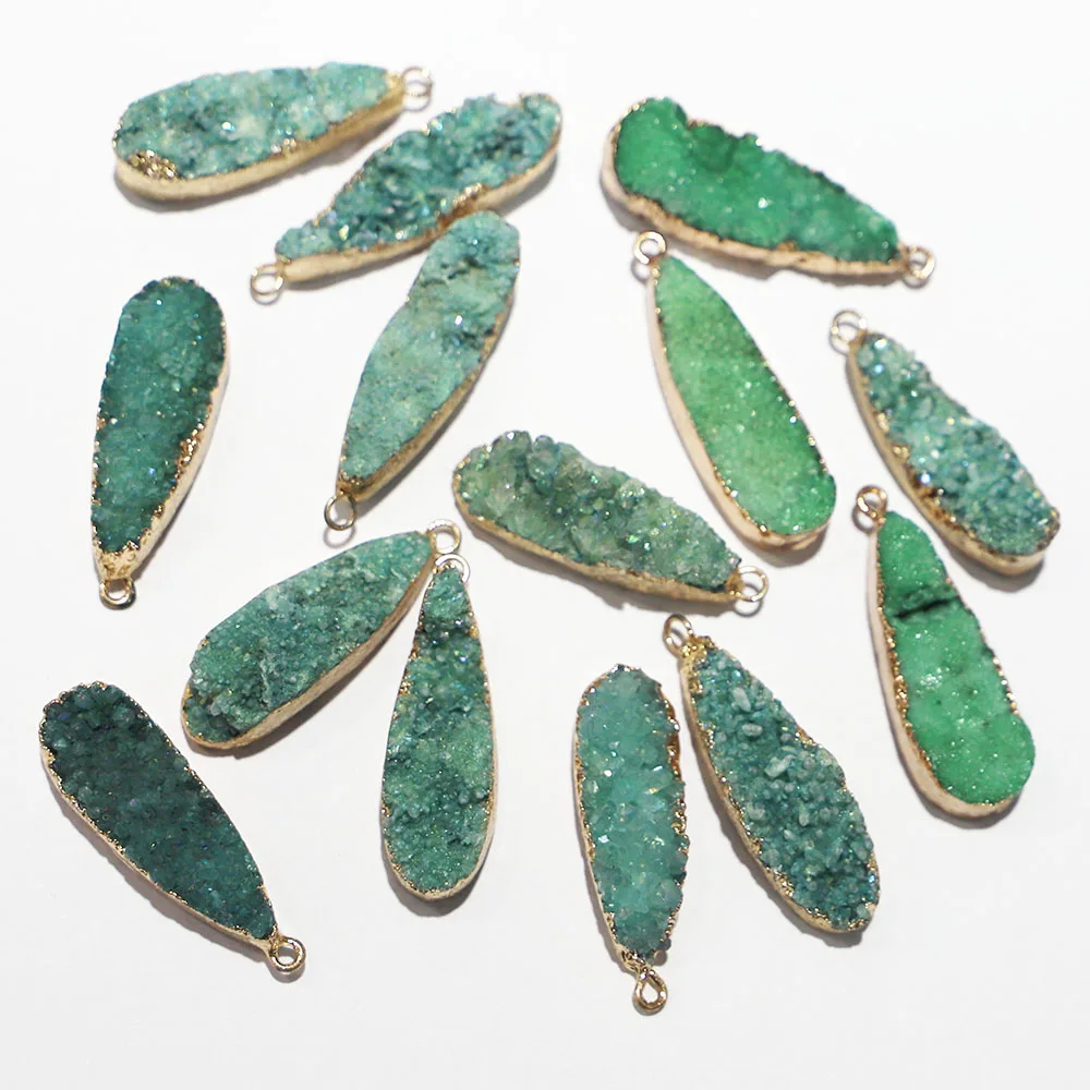 

New Natural Green Water Drop Druzy Stone Necklace Pendant Metal Mineral Specimen Agate Slice Charms Geode Rough For Jewelry 6Pcs