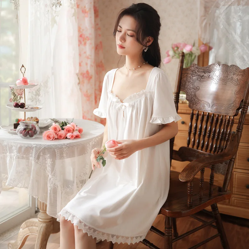 Roseheart Women Homewear Female Cotton White Sexy Sleepwear Nightdress Lace Nightgown Sleepwear Luxury Gown Dress Nightwear