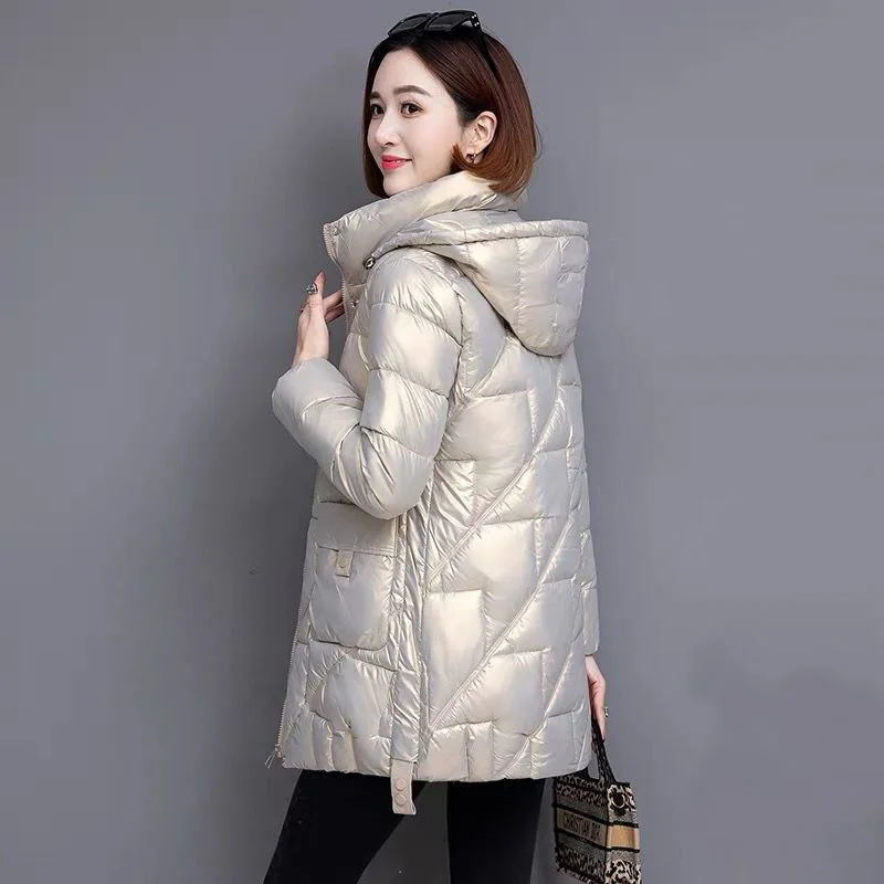 2023 New Glossy Down Cotton Jacket Women Winter Loose mid-length Hooded Warm Thicken Outwear Casual Female Parkas Overcoat