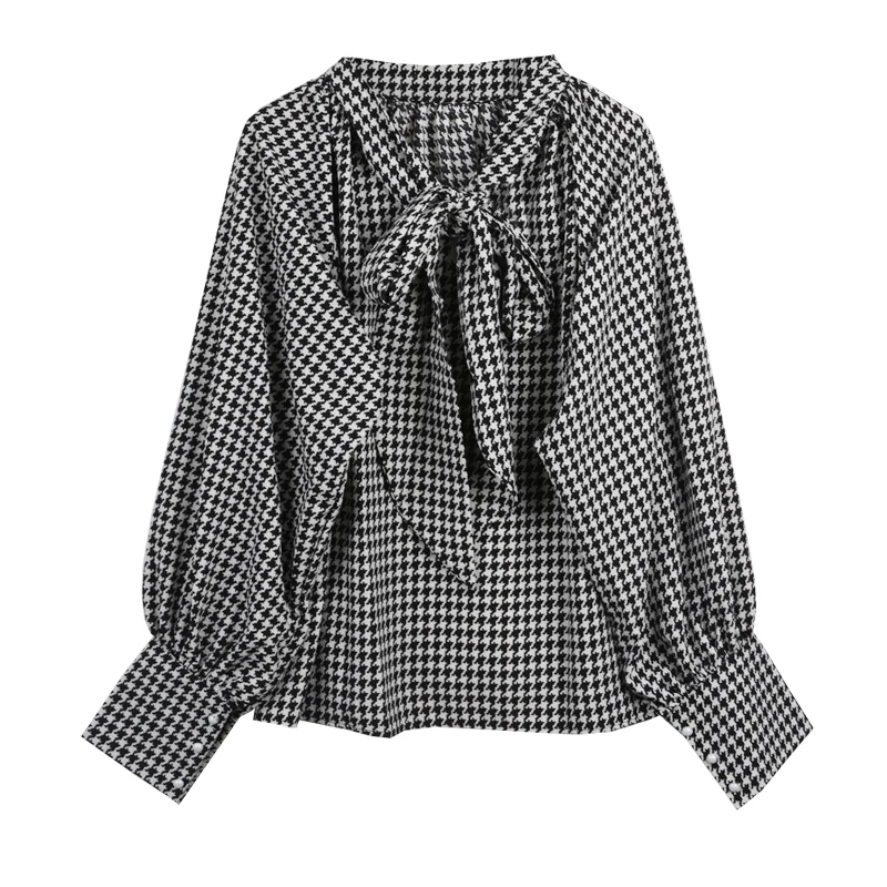 Autumn Korean Elegant Stand Collar Vintage Plaid Printed Bow Houndstooth Shirt Women Loose Casual Pullovers Blouse Lady Top