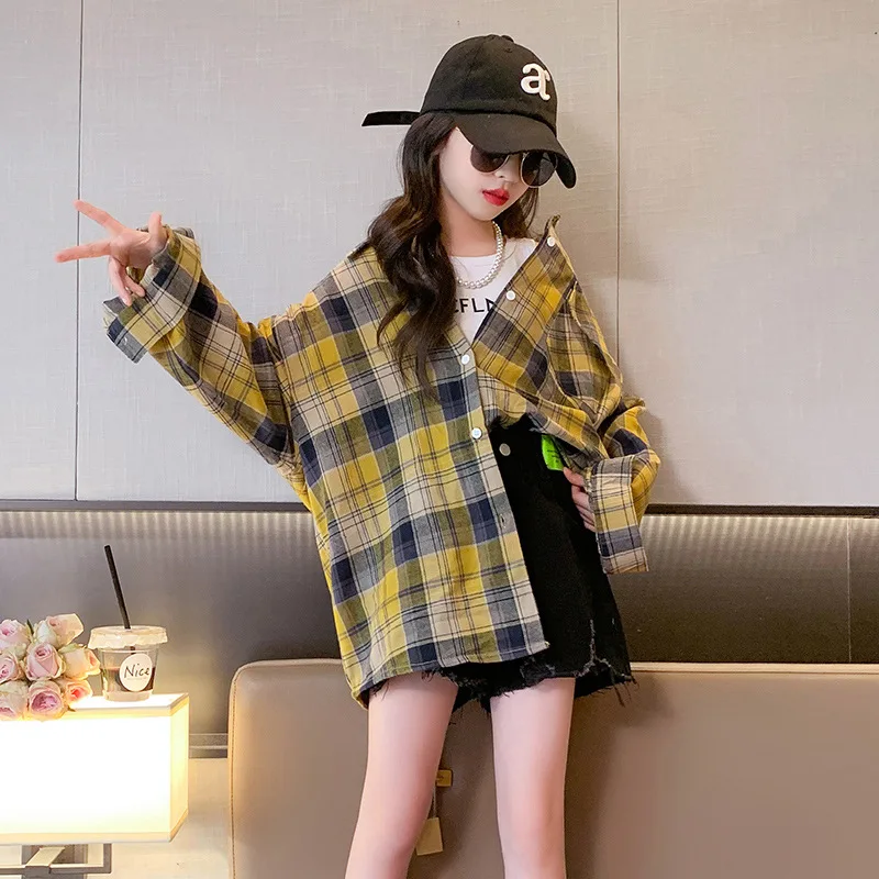 

Teenage Girls Shirts 2023 Spring New Casual Plaid Blouse for Kids Long Sleeve Loose Fashion All-match School Children Clothes