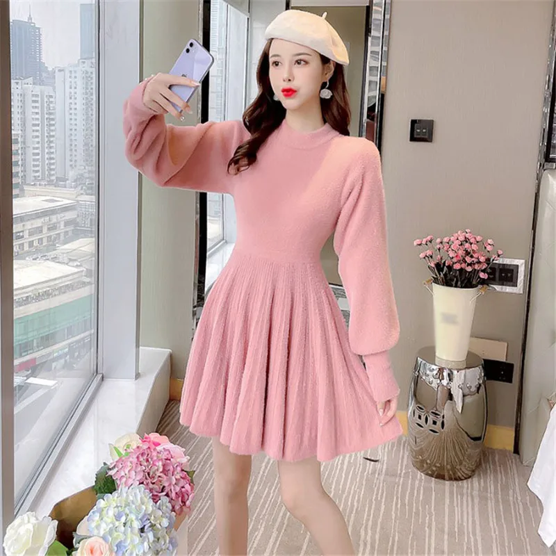 

Pink Knit Dress Spring and Winter 2023 New Style Mink Fur Sweater Dresses Women Pleated Short Dresses Female Sweet Vestidos