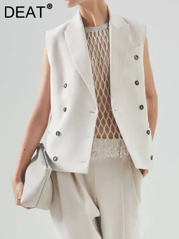 

DEAT Fashion Women's Short Waistcoat Notched Collar Solid Color Double Breasted Sleeveless Vest Female Spring 2023 New 17A5775