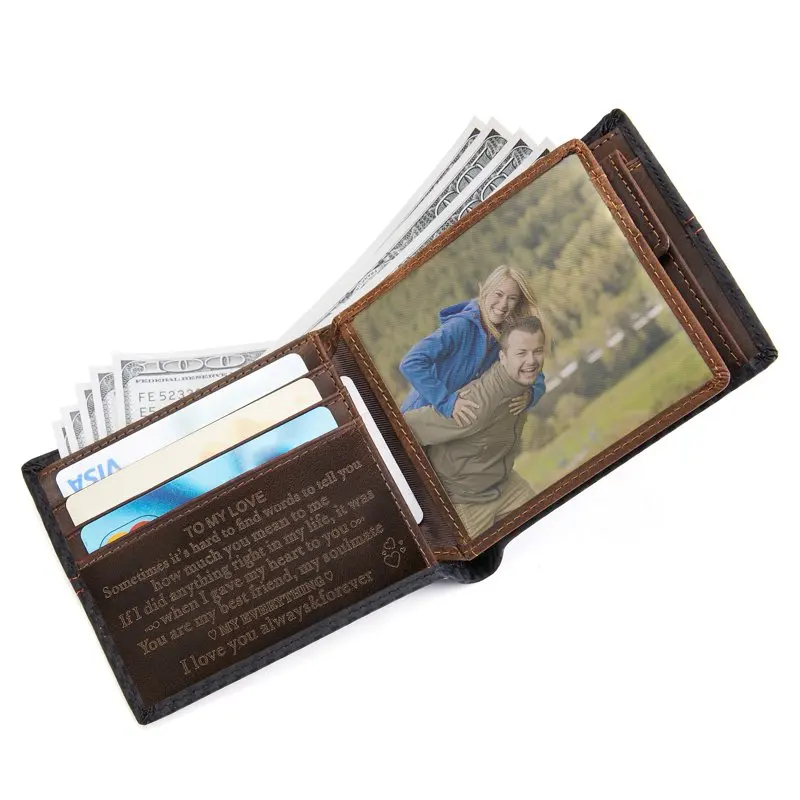 

Personalized Engraved Men Leather Bifold Wallet for Boyfriend Husband from Wife Girlfriend - Christmas Anniversary Valentines Da