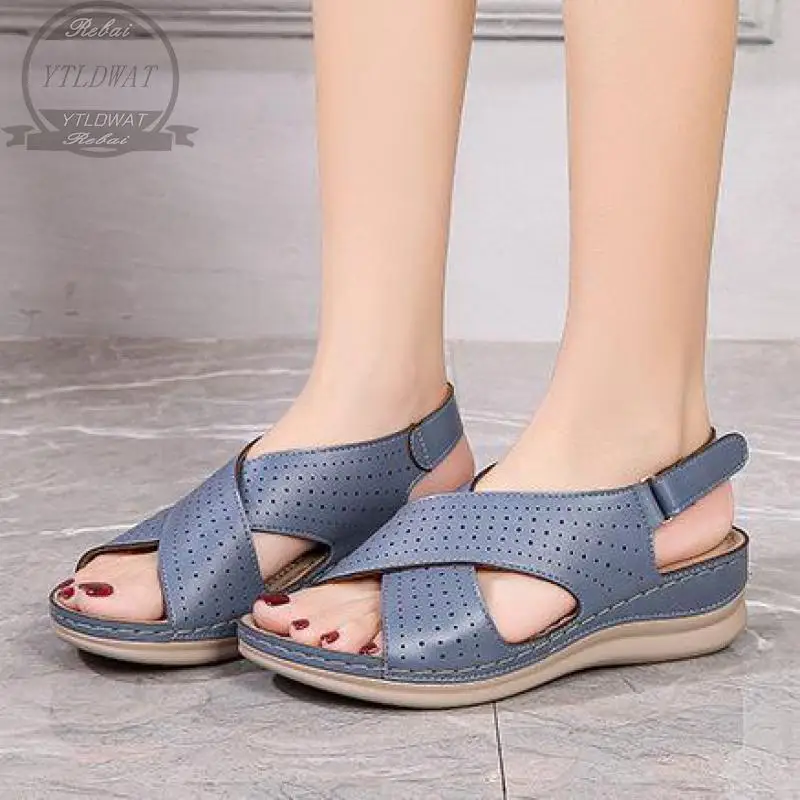 

YTLDWAT 2022 NEW Summer Retro Women's Sandals Sewing Casual Wedge Shoes Lady Buckle Strap Hook Loop Soft Platform Female Sandals