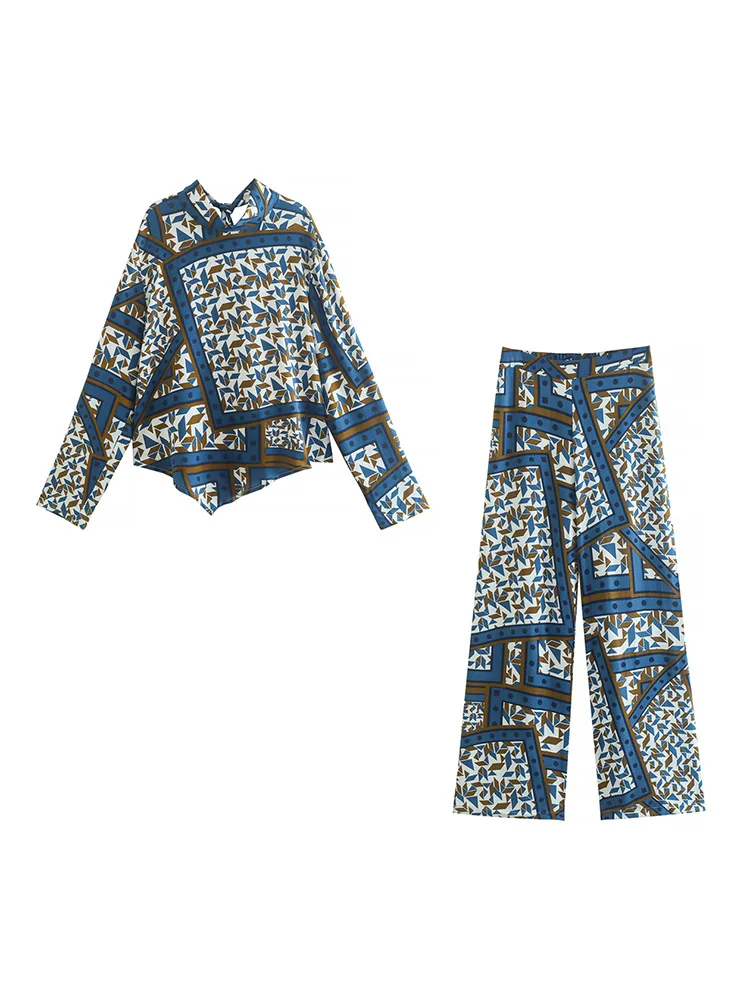 

Sets Womens Outfits Asymmetric Hem Blouse Tops And Wide Leg Trousers Matching Sets For Women Vintage Geometric Print Pants Sets