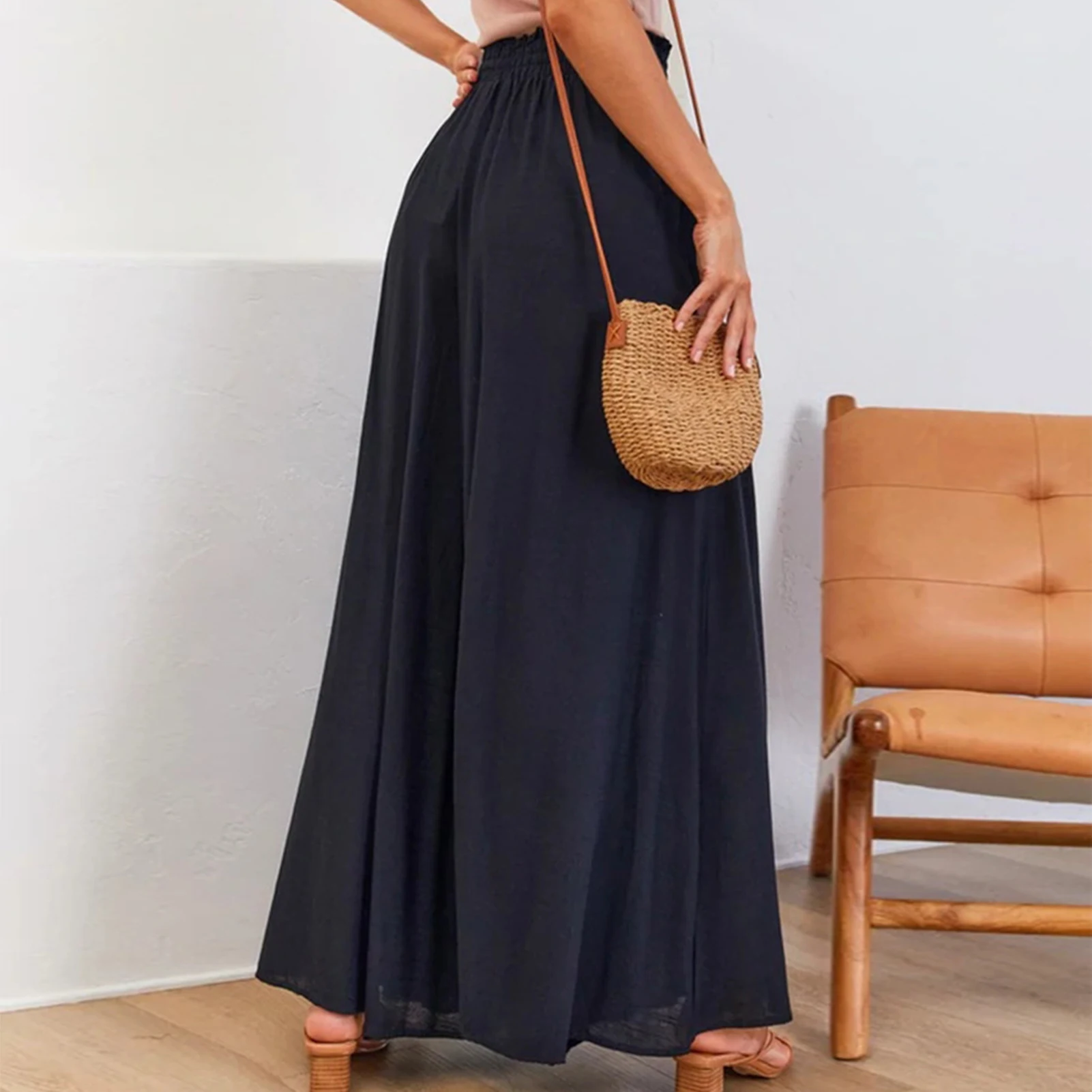 

Women Comfy Trousers Solid Color Ladies Wide Leg Pants Elastic Waist Summer Trousers Bohemian Style Casual Office Lady Suit 2023