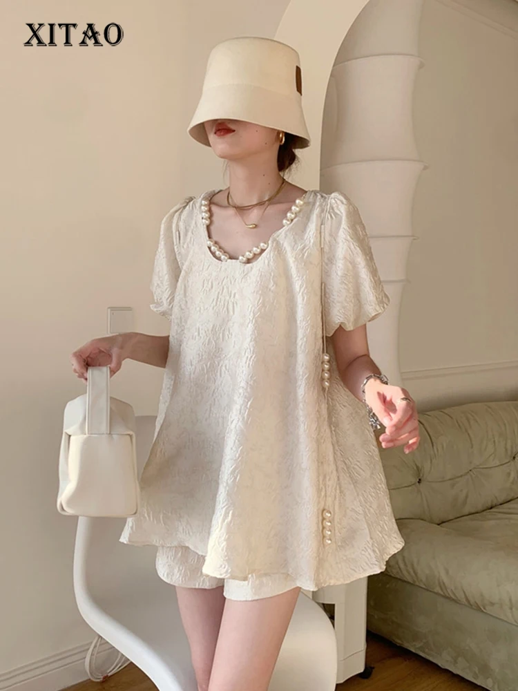 

XITAO/пуловер; Комплект из двух предметов; Модный комплект из двух предметов; Плиссированный топ с рукавами в стиле Холла и эластичной резинко...