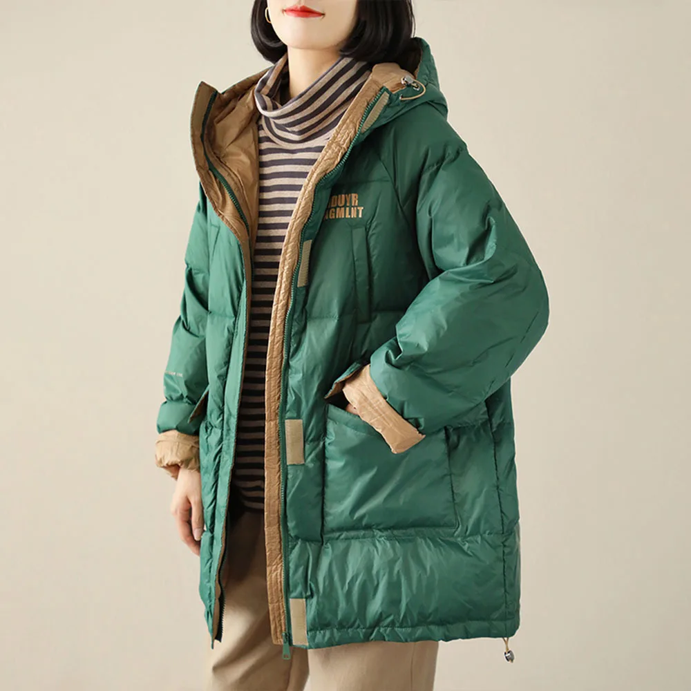 

Women White Duck Down Long Jacket Winter hooded Windproof zipper Warm Chic Fashion Down Coats