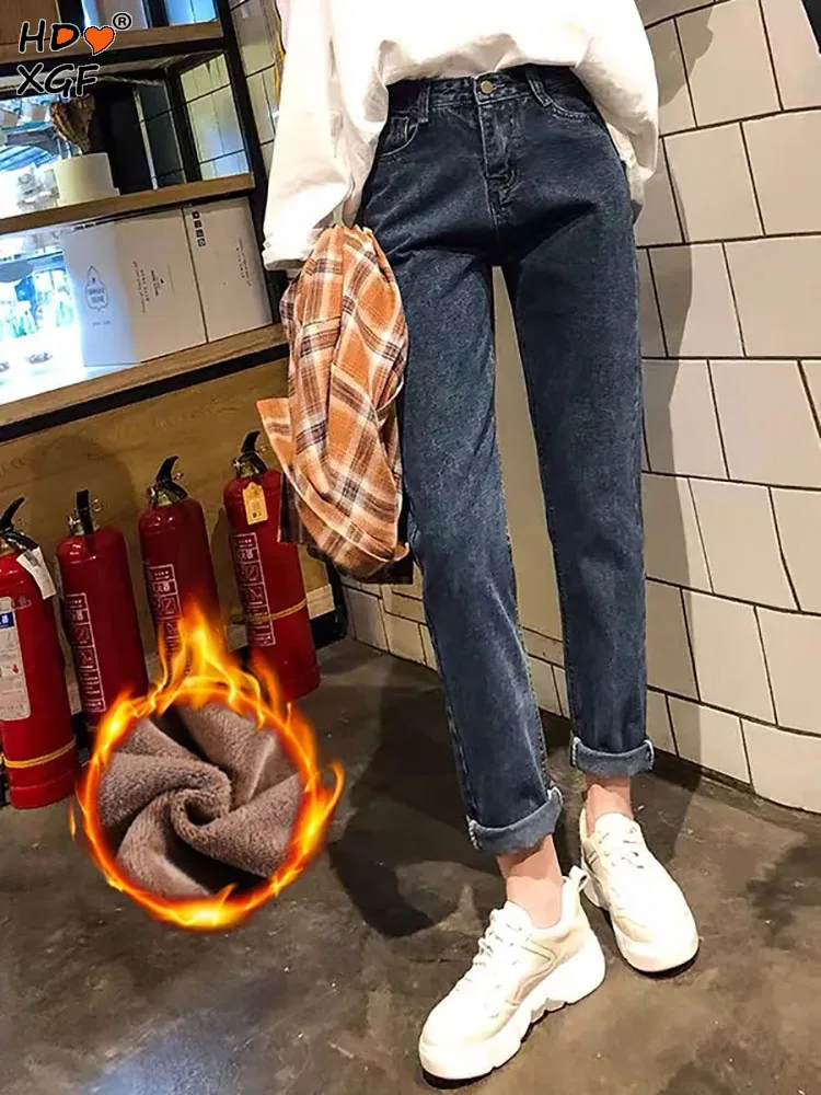 

Джинсы женские прямые бархатные, классические винтажные мешковатые джинсы с завышенной талией, на пуговицах, на молнии, утепленные Теплые повседневные штаны