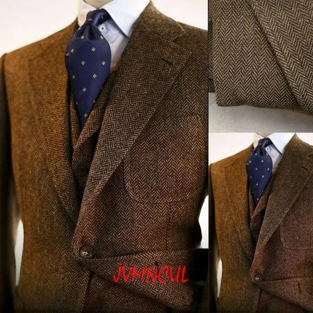 

2022 Brown Wool Blend Herringbone Men Suits Wedding Blazers Business Groom Tuxedo Costume Slim Fit Groom Wear Jacket+Vest+Pants