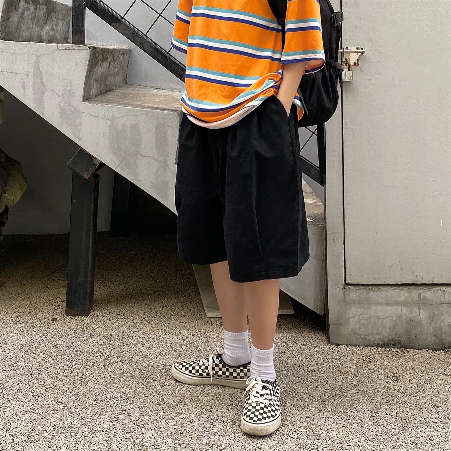 Women's Harajuku Oversize Khaki Cargo Shorts Women Japanese Style Streetwear Wide Leg Knee Length Pants Hippie Black Trousers